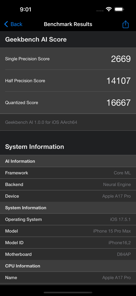 Resultados do benchmark Geekbench AI para iPhone 15 Pro Max mostrando pontuações de machine learning