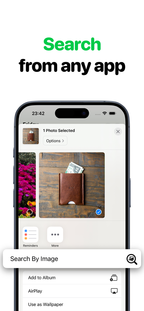 Search By Image: Lens Identify - L'estensione dell'app Cerca per Immagine mostrata nel menu di condivisione di iPhone.