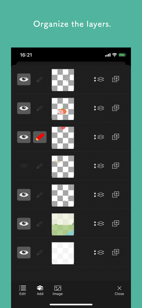Pixel art editor - Dottable - - Interface pour organiser les calques dans l'application mobile d'édition de pixel art Dottable