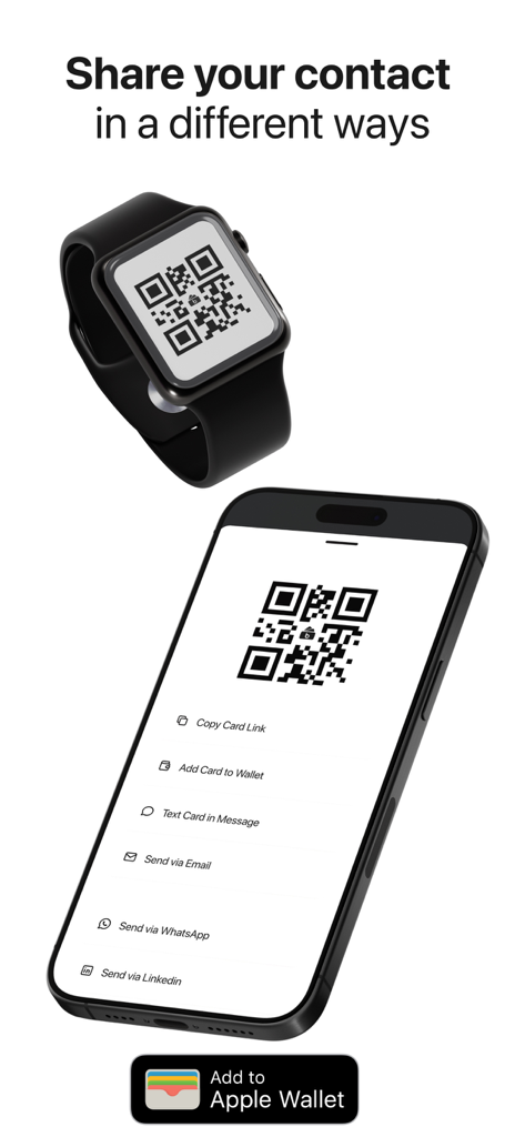 bCard: Digital Business Card - Fonctionnalités de partage de carte de visite numérique sur iPhone et Apple Watch montrant des codes QR et l'intégration Apple Wallet