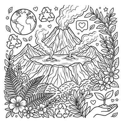 Dive into an engaging coloring experience that combines the awe-inspiring power of supervolcanoes with the vital message of Earth Day. This unique design features geological wonders alongside environmental protection symbols and flourishing nature, perfect for a mindful coloring session.