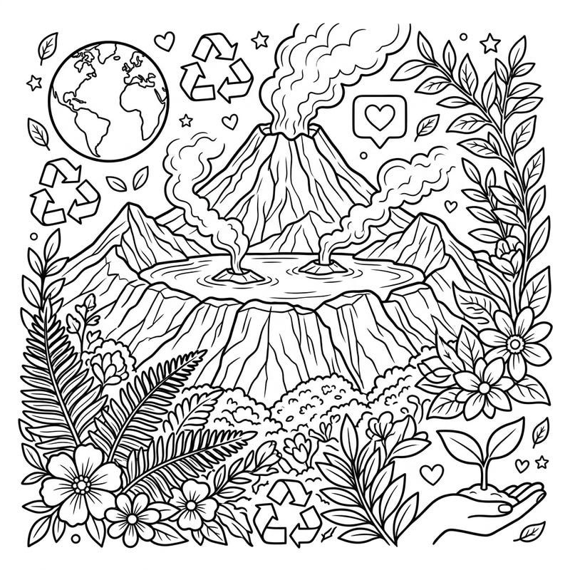 Dive into an engaging coloring experience that combines the awe-inspiring power of supervolcanoes with the vital message of Earth Day. This unique design features geological wonders alongside environmental protection symbols and flourishing nature, perfect for a mindful coloring session.