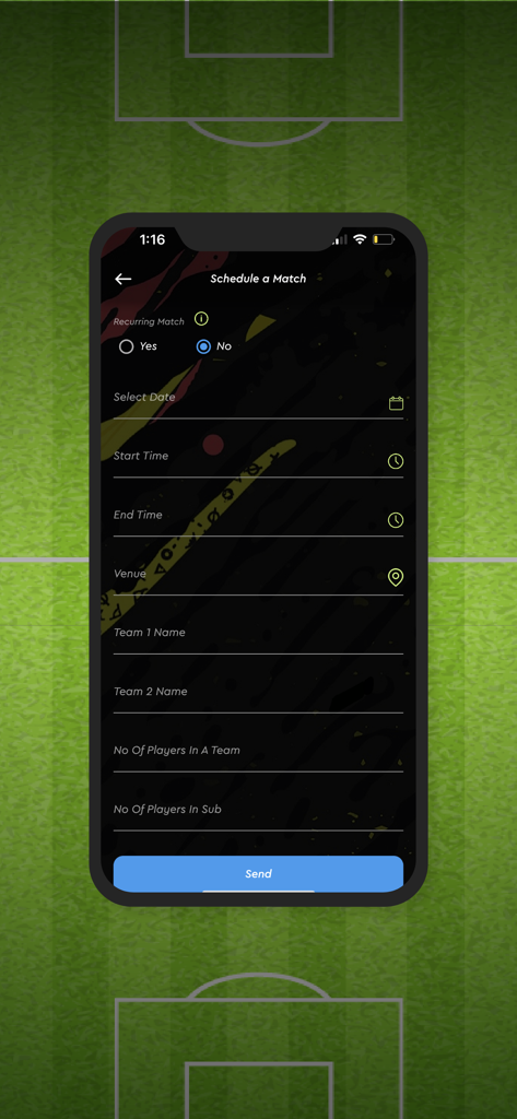 Whistle - Your sports tracker - Interfaccia dell'app sportiva Whistle per programmare una partita con data, luogo e nomi delle squadre