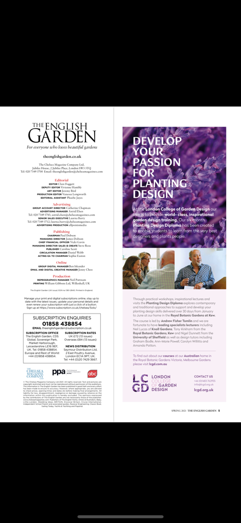 The English Garden Magazine - Editorial page of The English Garden Magazine featuring a London College of Garden Design advertisement