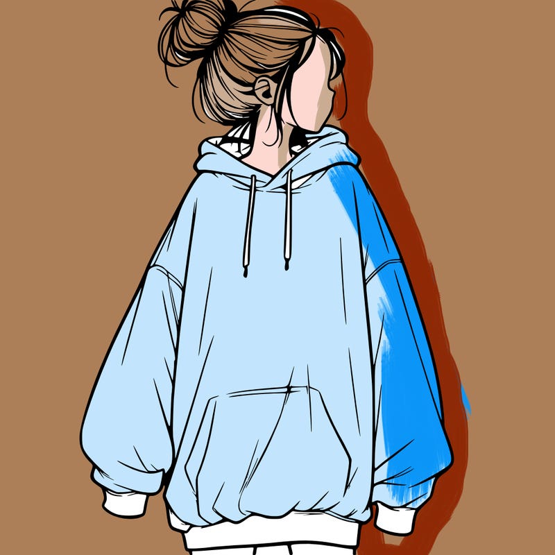 realistic girl with a oversized sweatshirt on and a bun
