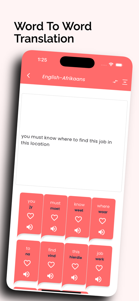 Afrikaans Translator Offline - English to Afrikaans word-by-word translation interface with pronunciation and favorite options