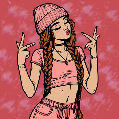 realistic teenage girl with braids and a beanie and crop top doing 🫶🏼