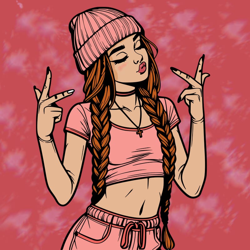realistic teenage girl with braids and a beanie and crop top doing 🫶🏼