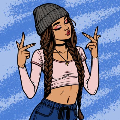 realistic teenage girl with braids and a beanie and crop top doing 🫶🏼