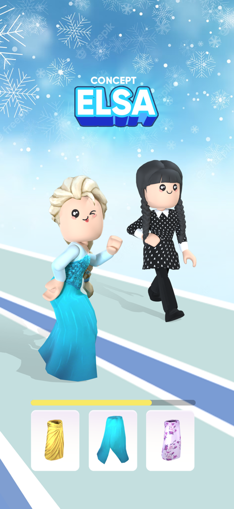 A catwalk battle in Fashion Show game featuring characters inspired by Elsa and Wednesday Addams.
