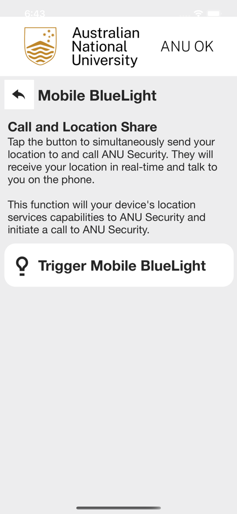 Mobile BlueLight screen in the ANUOK app showing a trigger button to share real-time location and call campus security