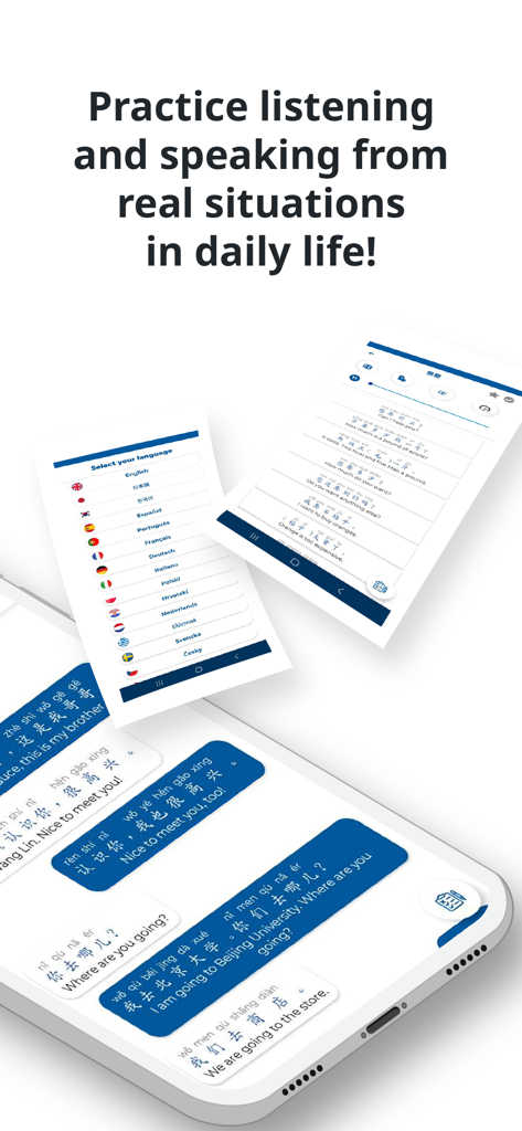 Chinese ー Listening・Speaking - 日常会話の中国語リスニングとスピーキング練習のためのモバイルアプリインターフェイス