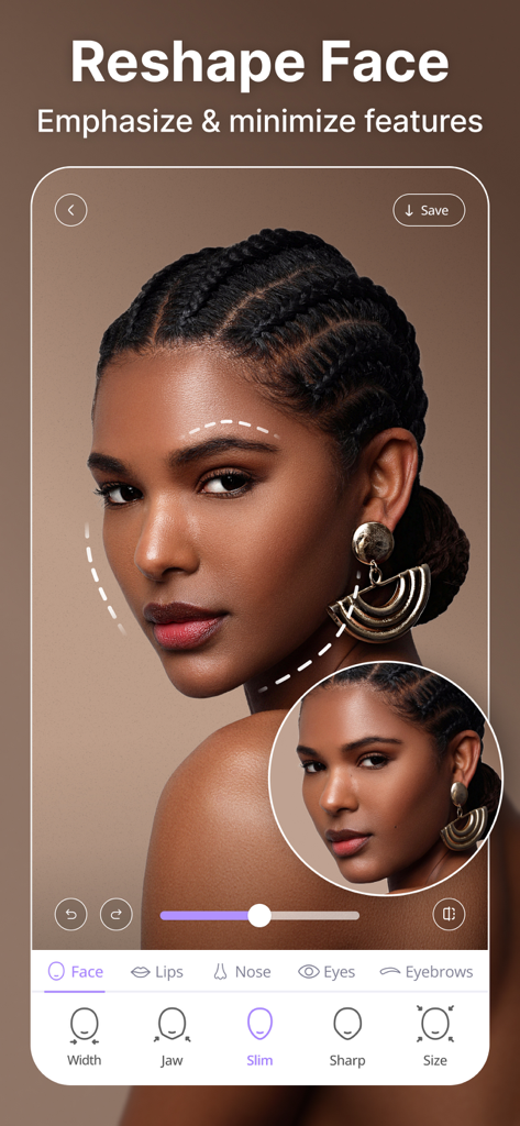BeautyUp－AI Face & Body Editor - Captura de pantalla de la app BeautyUp demostrando las funciones de remodelación y adelgazamiento facial en el retrato de una mujer.