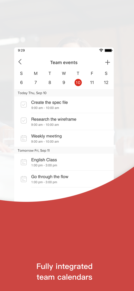 Avaya Cloud Office - Avaya Cloud Office mobile app team calendar screen showing upcoming events and tasks