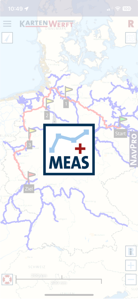 Nautical navigation app displaying a measurement tool over a map of German waterways