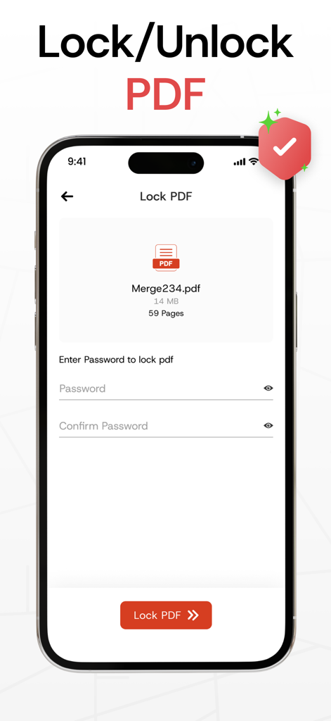 Merge PDF Files－Split PDF Docs - Mobile App-Oberfläche, die die Funktion PDF sperren mit Passwort-Eingabefeldern zur Sicherung von Dokumenten anzeigt