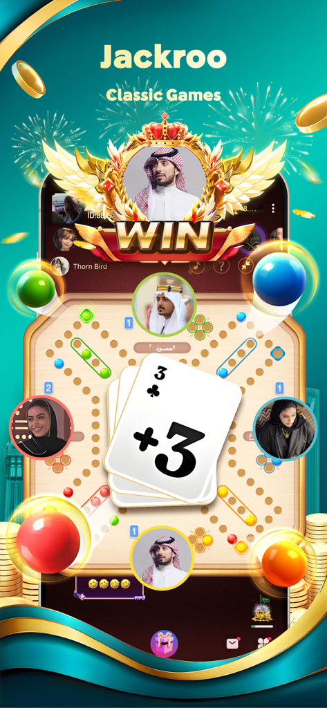 Hawa - Group Voice Chat Rooms - A screenshot of the Jackroo board game interface within the Hawa voice chat app showing avatars and a winner banner.