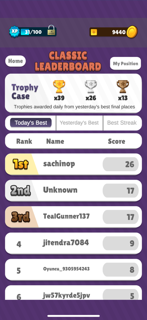 Quick Math Daily - Quick Math Daily app classic leaderboard screen showing top player rankings and the trophy case