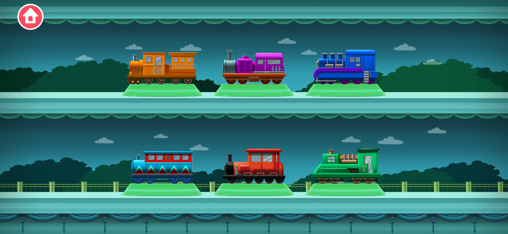 Train Builder Games for kids - 子供たちが選べる6種類のカラフルな機関車が表示された、トレインビルダーの選択画面。