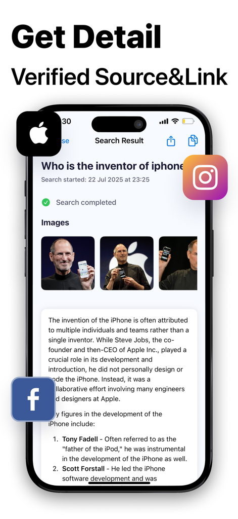 Screenshot of Deep Research AI Assistant displaying a detailed search result about the invention of the iPhone with images and verified sources.