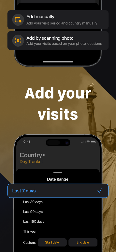 Voygo - Country Days Tracker - Voygo app screen displaying options to add country visits manually or by scanning photos with a date range selection menu