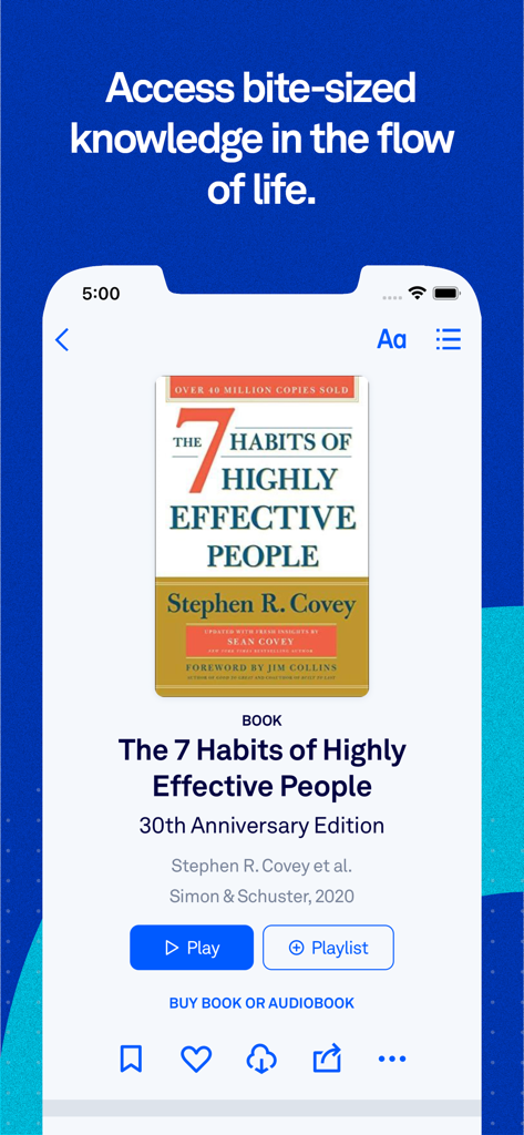 Captura de pantalla de la aplicación getAbstract que muestra un resumen de Los 7 hábitos de las personas altamente efectivas