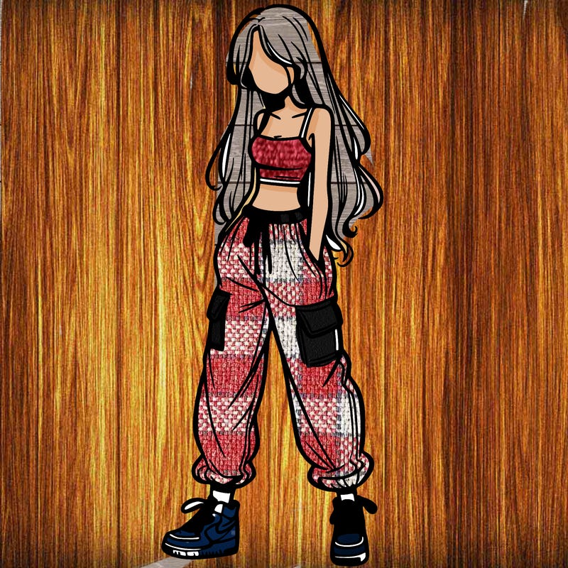 girl in baggy pants crop top and long hair