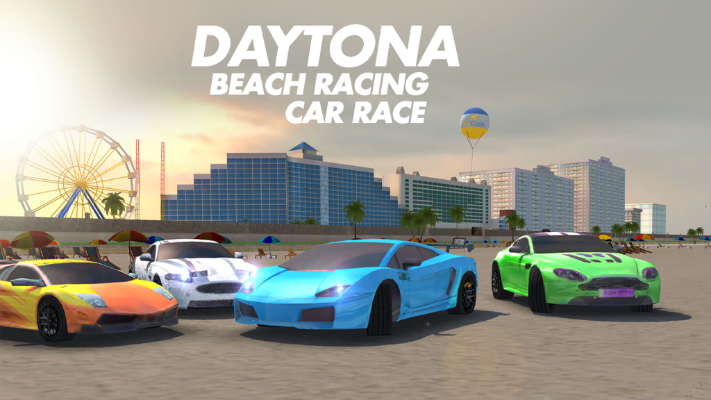 Daytona Beach Racing - Cuatro coloridos coches deportivos en una pista de playa con una noria y edificios costeros al fondo.