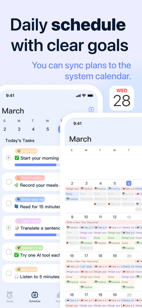 GoalMap: Goal Planner & To-Do - GoalMap app showing daily task list and monthly calendar overview for personal goal planning