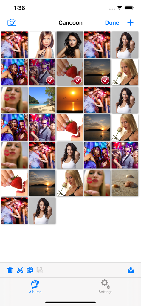 Photo and Video Safe - Grid of private photos with selection checkmarks inside the Photo and Video Safe app gallery view.