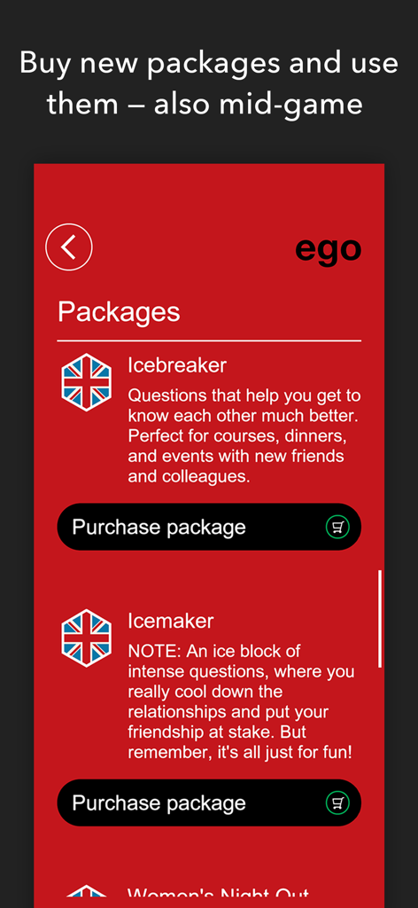 EGO - The Party Game - Écran montrant les packs de questions disponibles à l'achat dans l'application de jeu de société EGO