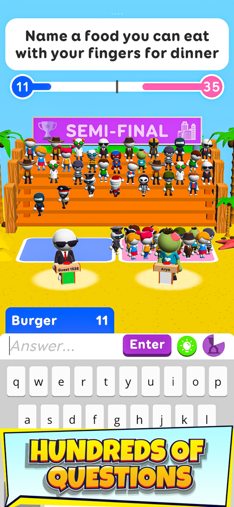 Una captura de pantalla del juego móvil de trivia Adivina Su Respuesta mostrando una ronda de trivia donde los jugadores adivinan respuestas populares a preguntas de encuestas.