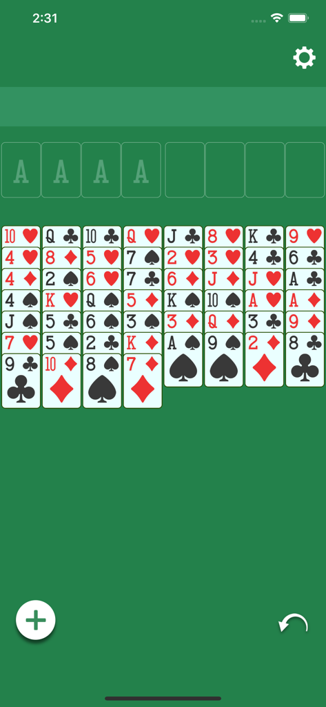 FreeCell (Classic Card Game) - A minimalist FreeCell card game interface featuring easy-to-read cards on a green background with undo and new game buttons.