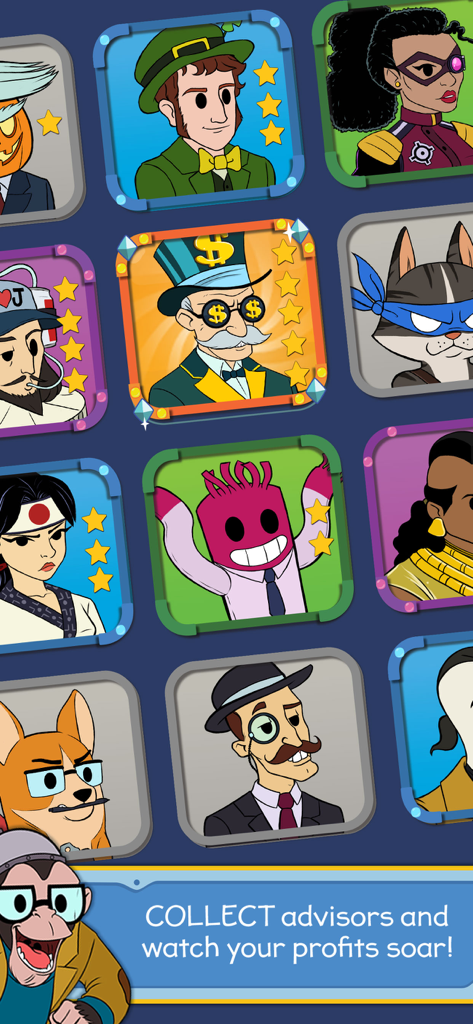 Taps to Riches - Taps to Riches 모바일 게임의 다채로운 만화풍 고문 캐릭터 그리드.