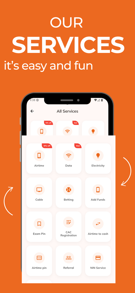 MinatPay: Cheap Data & Airtime - Panel de MinatPay que muestra opciones para tiempo aire, datos, electricidad y pago de facturas de servicios públicos