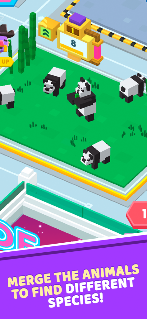 Idle Star Zoo: Universe Tycoon - Captura de pantalla del juego de Idle Star Zoo que muestra pandas estilo voxel en un hábitat verde con texto sobre fusionar animales para encontrar nuevas especies