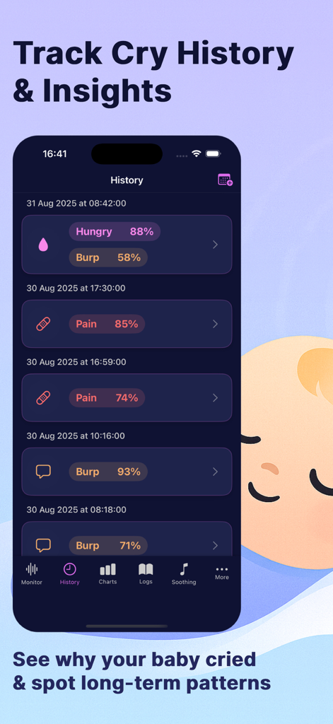 A screenshot of the CrySense AI app showing a history log of analyzed baby cries with insights