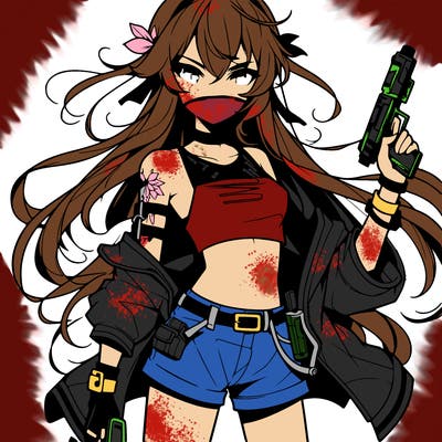 bad girl wearing crop top holding a gun long hair anime