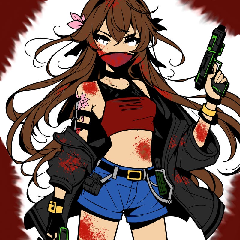 bad girl wearing crop top holding a gun long hair anime