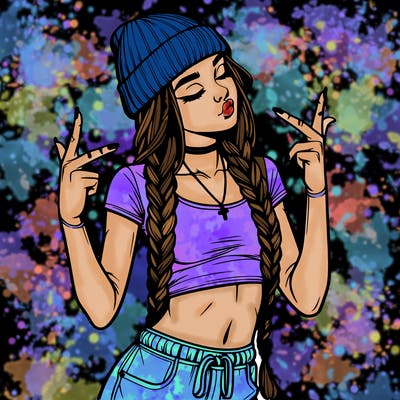 realistic teenage girl with braids and a beanie and crop top doing 🫶🏼