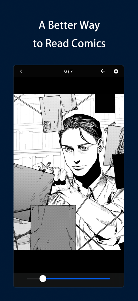Yealico - Yealico App Manga-Reader-Oberfläche, die eine schwarz-weiße Comic-Illustration anzeigt