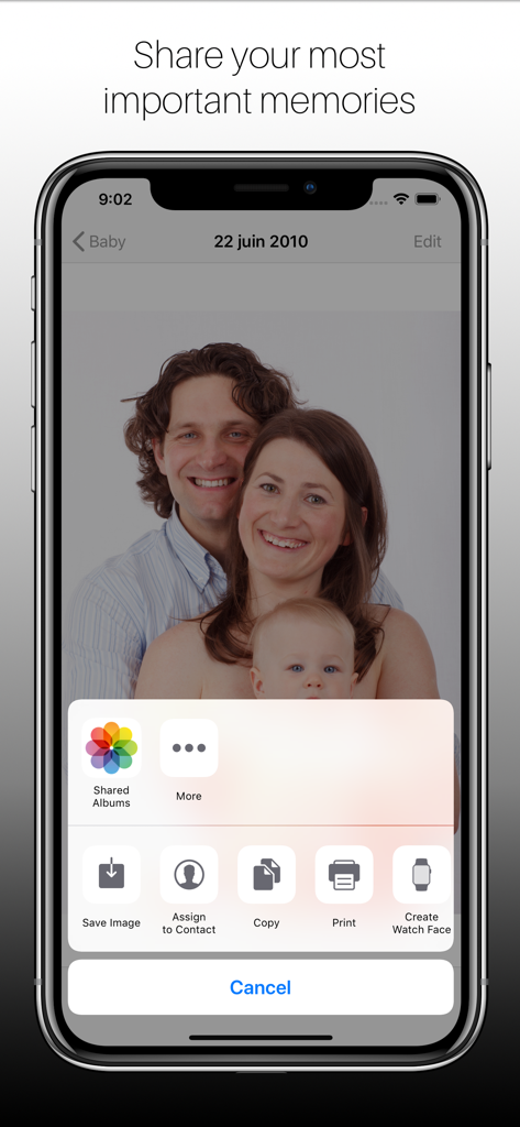 My Family Pictures - An iPhone screenshot of the My Family Pictures app showing a family photo and the iOS share menu options for printing and saving