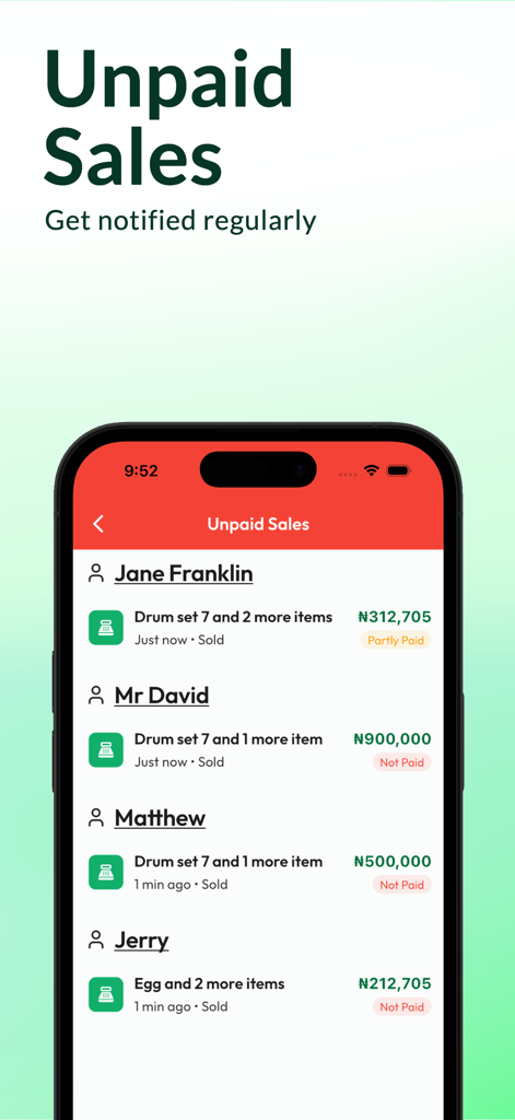 Zuru-Inventory & Sales Manager - Mobile app screen for Zuru showing a list of unpaid sales with customer names and payment status.