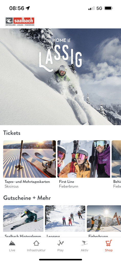 Saalbach Hinterglemm - Saalbach Hinterglemm mobile app interface showing ski ticket booking options and resort vouchers