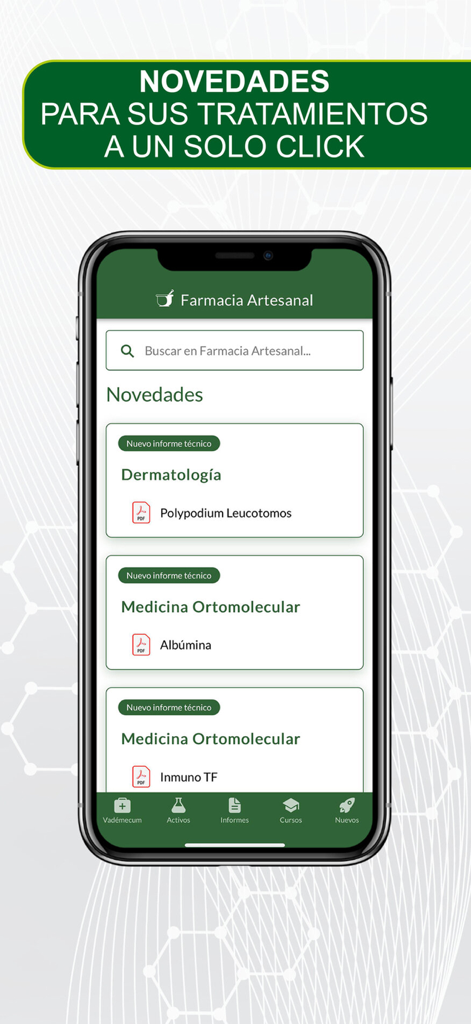 Farmacia Artesanal - Interfaz de la app móvil Farmacia Artesanal mostrando una lista de nuevos informes técnicos en dermatología y medicina ortomolecular