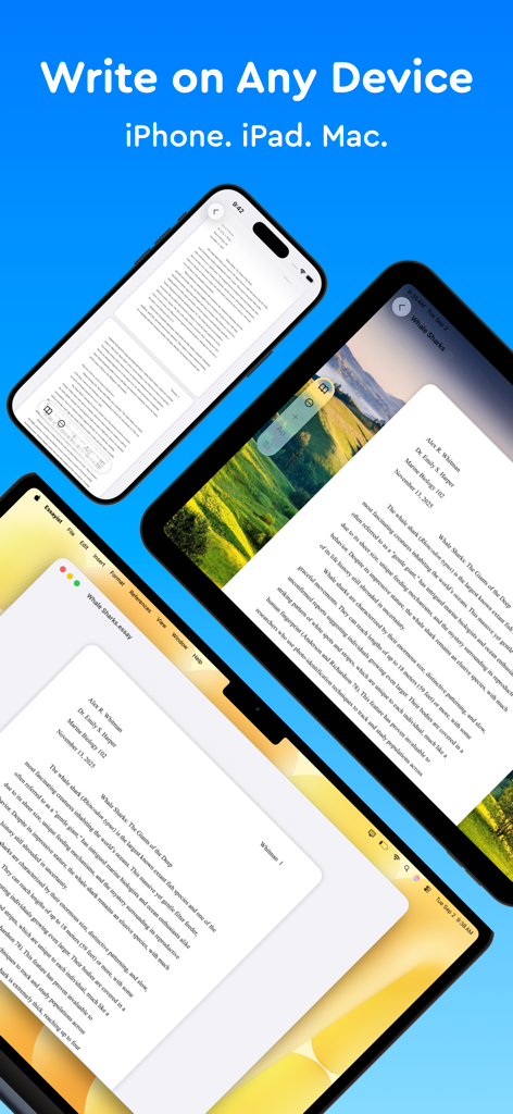 The Essayist app interface showing an academic paper on an iPhone, iPad, and Mac laptop.