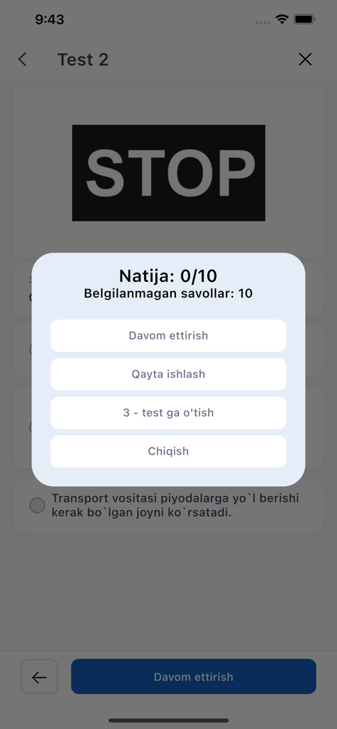 Avto Test - Résumé des résultats du quiz dans l'application Avto Test pour le code de la route ouzbek.