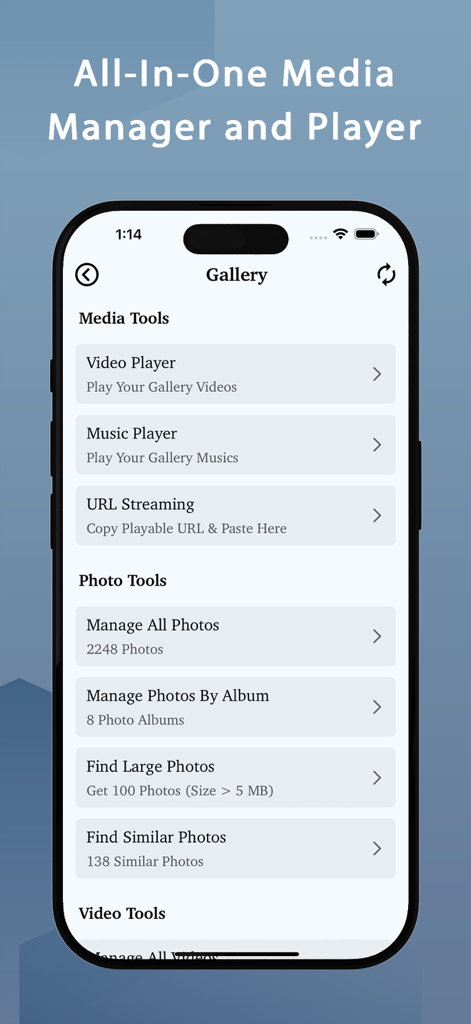 Menu galleria dell'app Recupero Foto con strumenti di gestione multimediale e pulizia foto