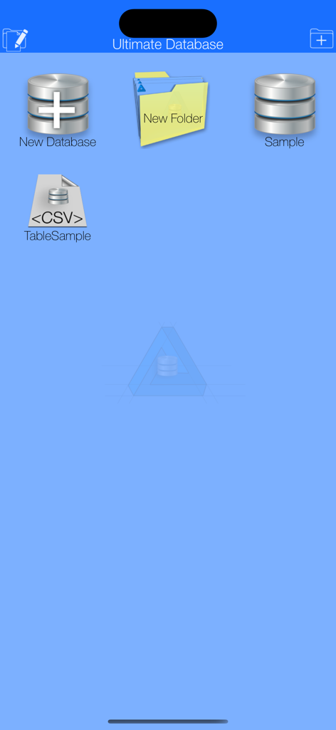Ultimate Database - Main dashboard of Ultimate Database app showing SQLite database and CSV file management icons