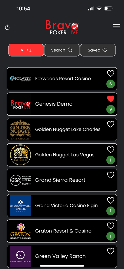 BravoPokerLive - Una lista de salas y casinos de póker disponibles dentro de la aplicación móvil Bravo Poker Live.